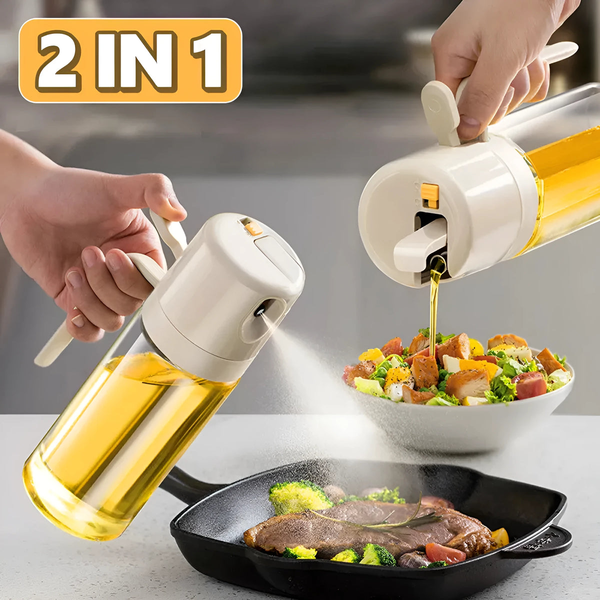 Warm grey 550ml glass oil sprayer bottle with dual-mode cap for spraying and pouring.