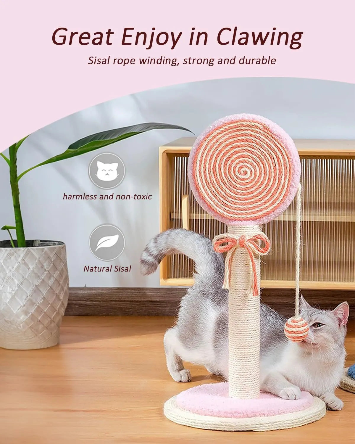 Blue cat scratching post with sisal rope and a hanging ball on a sturdy wooden base.