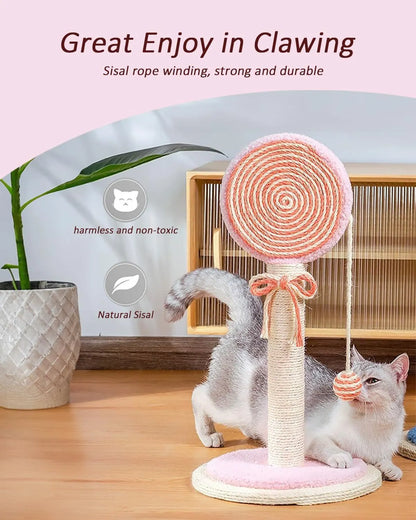 Blue cat scratching post with sisal rope and a hanging ball on a sturdy wooden base.