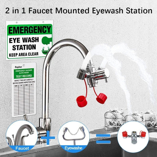 Versatile wall-mounted emergency eyewash station with dual spray heads for comprehensive eye coverage and hands-free 360-degree rotation