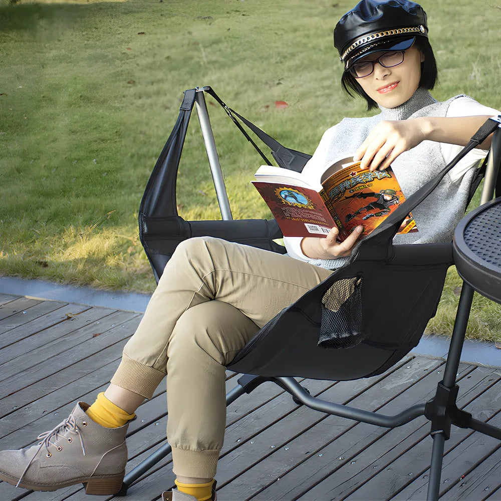 Black foldable aluminium alloy rocking chair, 83x83x65cm unfolded for outdoor balcony or camping, 2.2mm thick 25.5mm tubes