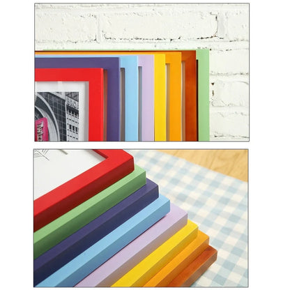 Rectangular solid wood photo frame with baking paint finish showing colour options and size variations