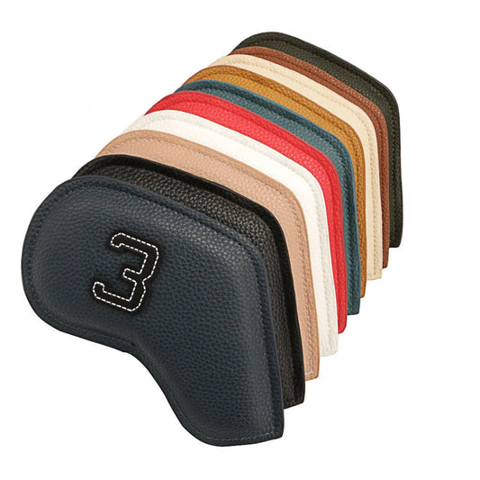 Set of 10 golf club head covers in various colours with minimal digital printing