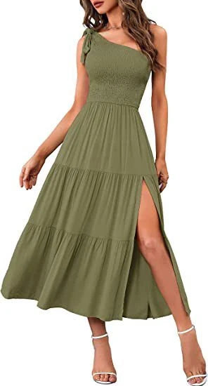 Stunning one-shoulder dress with pleated, asymmetrical hemline and side slits