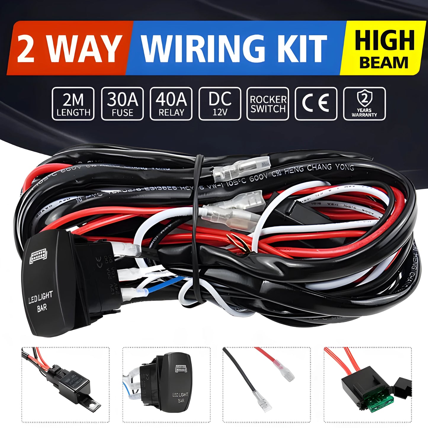 Black off road LED spotlight wiring harness with integrated switch and 2 metre cable length