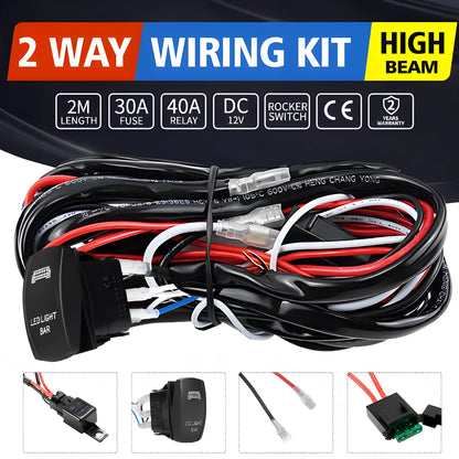 Black off road LED spotlight wiring harness with integrated switch and 2 metre cable length