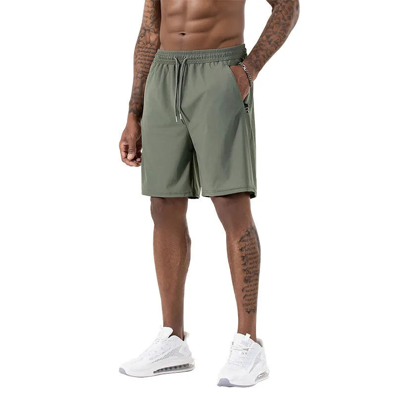 Men's black ice silk quick-drying sports shorts with drawstring waist on a mannequin.