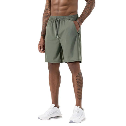 Men's black ice silk quick-drying sports shorts with drawstring waist on a mannequin.