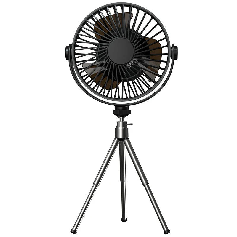 Versatile USB Rechargeable Camping Fan with Tripod Stand and Lantern, offering a premium aluminum alloy construction, 3-in-1 design, and powerful brushless motor for a refreshing outdoor experience.