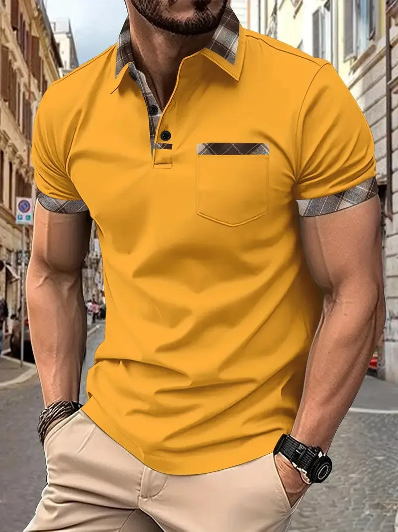 Men's short sleeve plaid colourblock t-shirt with zipper decoration in various colours and sizes