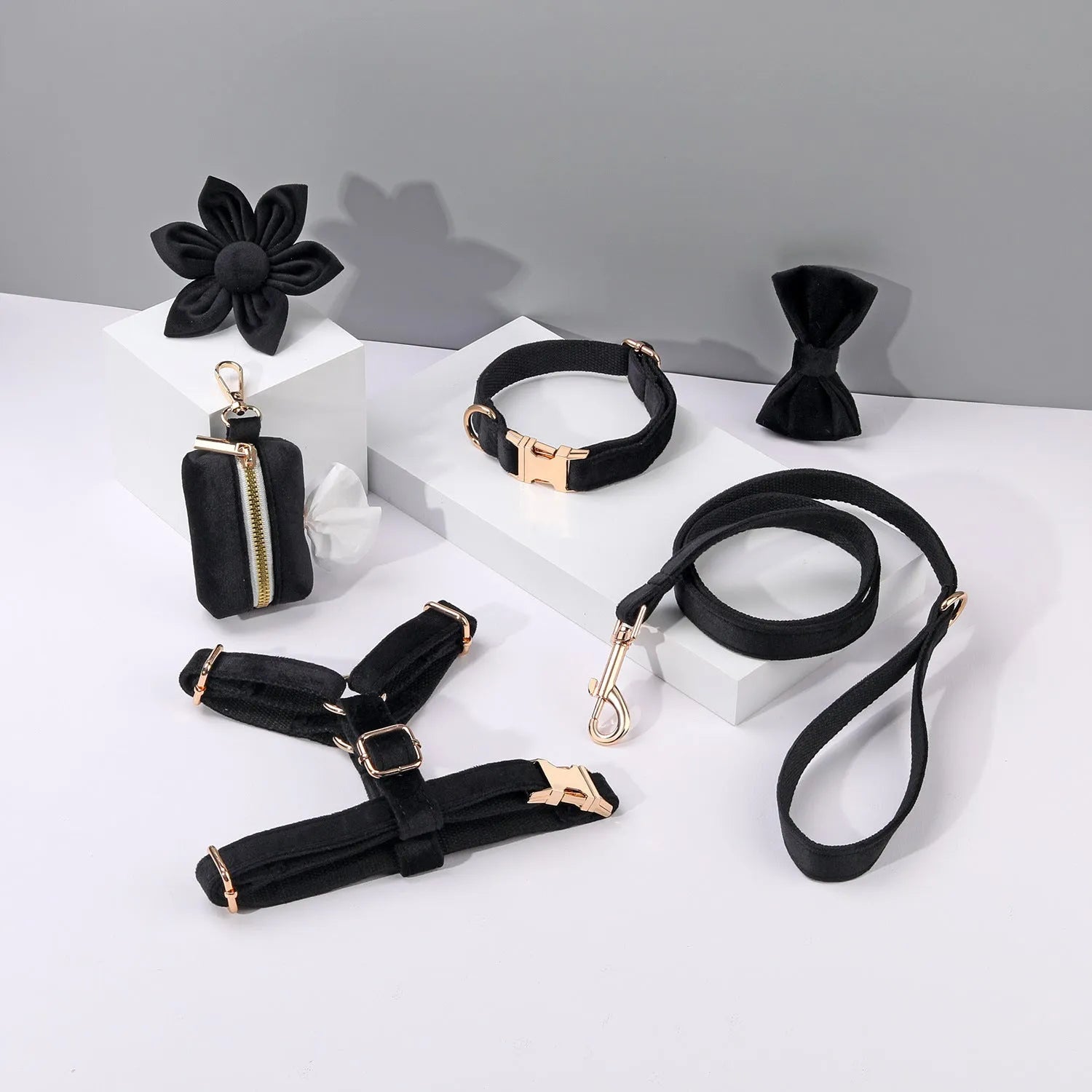 Classic velvet pet collar traction rope set with bow tie decoration and adjustable chest strap