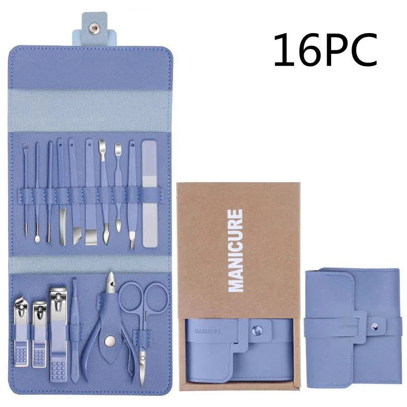 Premium 16-piece manicure set with sleek leather case, including nail clippers, scissors, tweezers, and other grooming tools