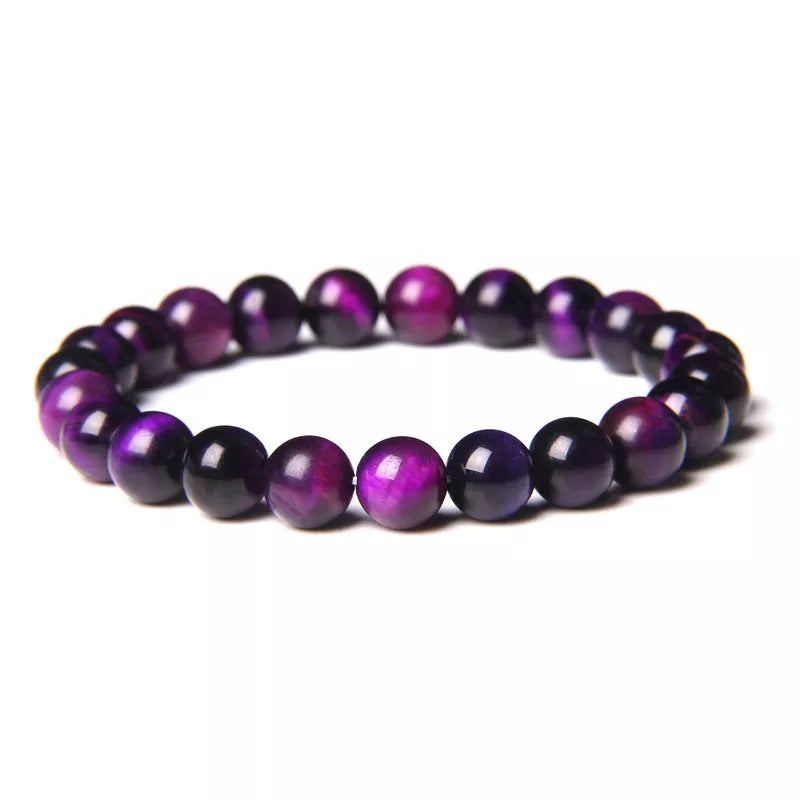 Handmade 8mm blue tiger stone couple bracelet with gold-plated inlay