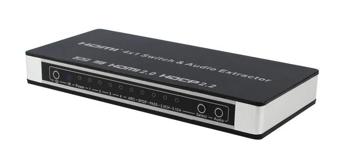 Black HDMI audio-video switch with remote control showing four inputs and one output