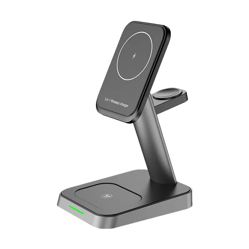 Matte black cubic 3-in-1 wireless charging station with phone, watch, and earbuds charging on top