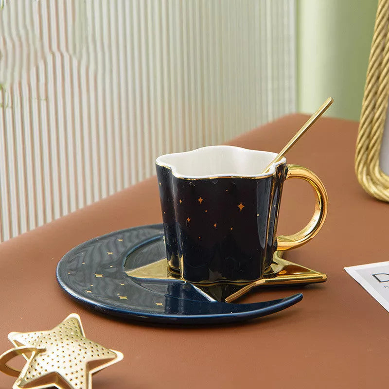 Ceramic cup set with star and moon saucer, 120ML capacity, porcelain material