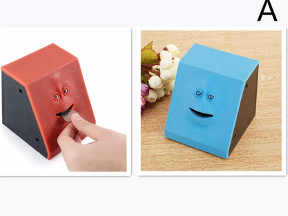 Face Intelligent Induction Electric Piggy Bank with realistic money-eating action in brick blue, pink, or red