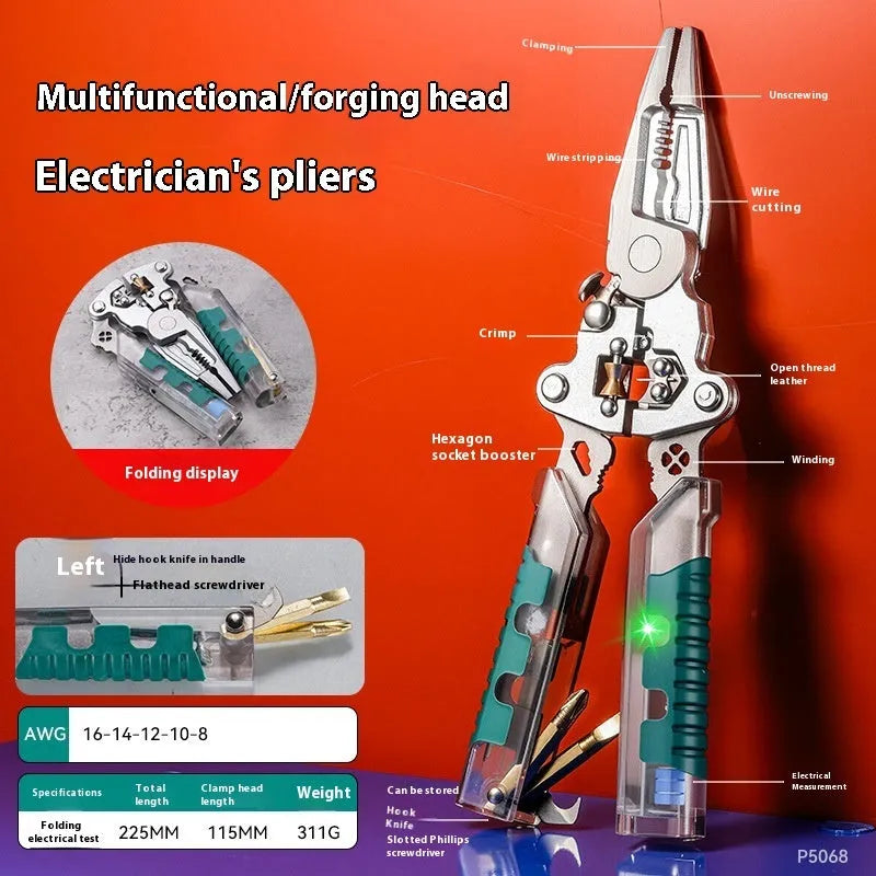 Thickened multi-functional electric pointed pliers wire stripper with 215-225mm length and rust-prevention cutting edges