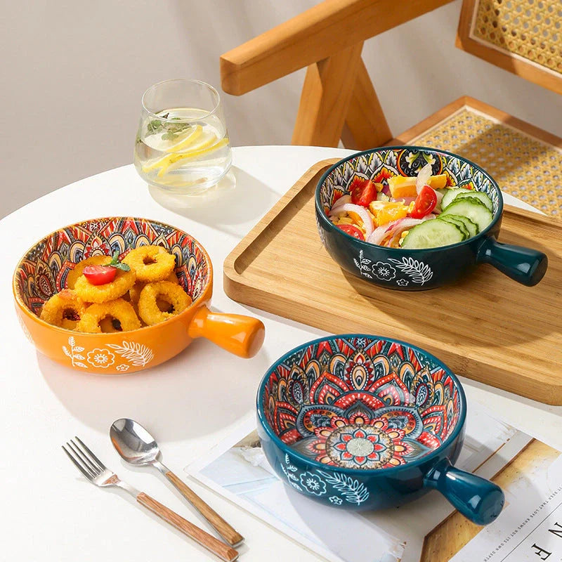Vibrant ceramic glazed flower handle bowl perfect for salads and desserts
