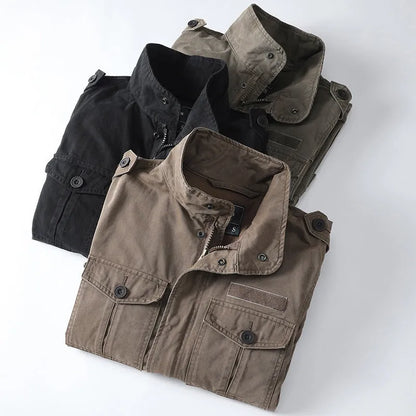 Men's loose-fit cotton zip jacket in retro style showing black, army green, and coffee colour options