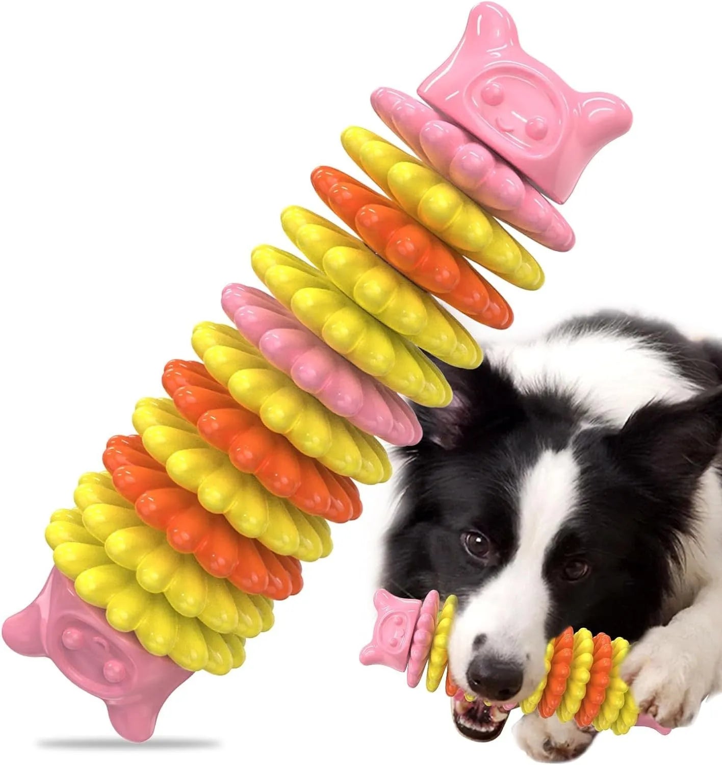 Blue natural rubber caterpillar-shaped dog chew toy measuring 17cm long