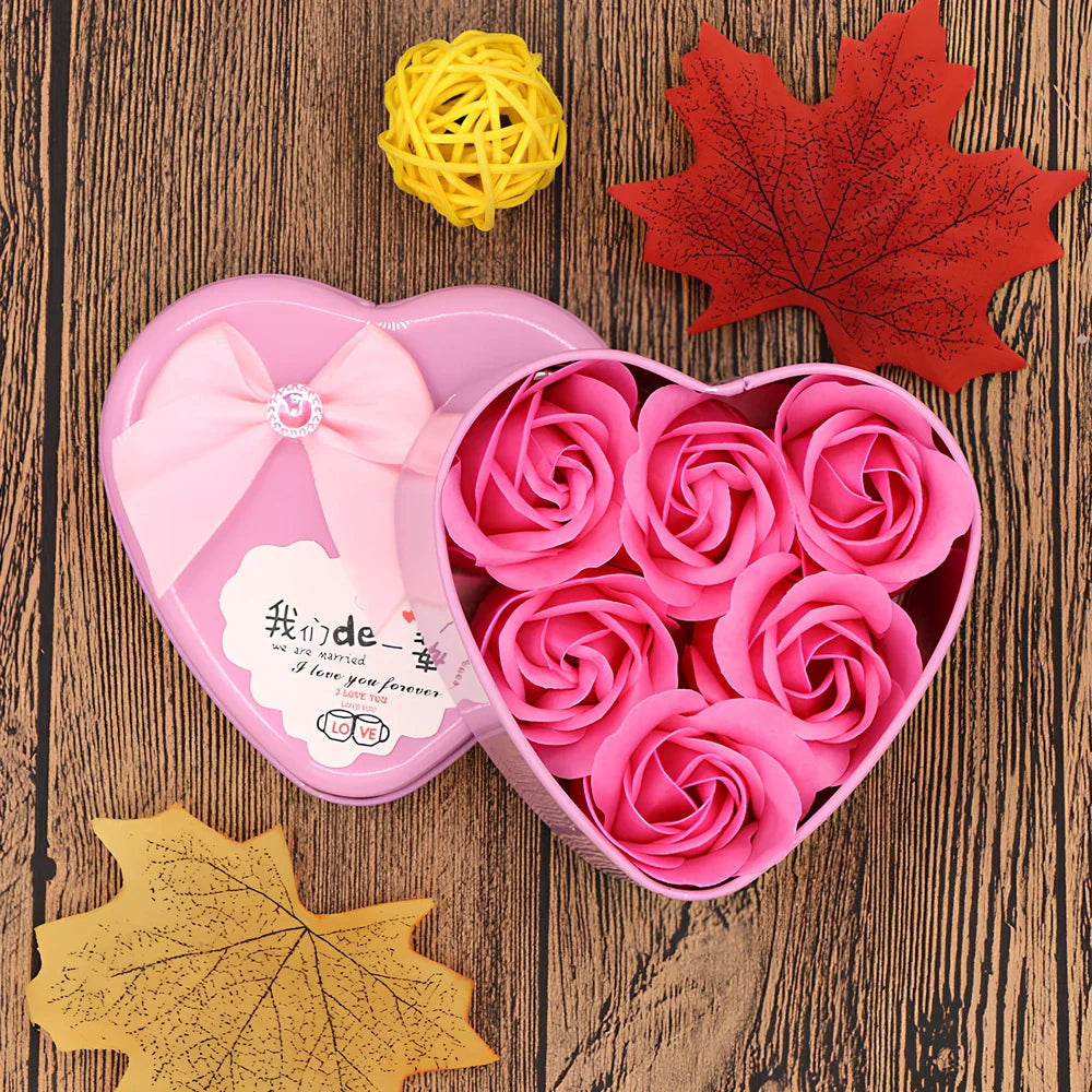 Handmade soap flower gift box in red heart-shaped tin with three blooms and bear, 12x12x5 cm for Valentine's Day