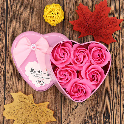 Handmade soap flower gift box in red heart-shaped tin with three blooms and bear, 12x12x5 cm for Valentine's Day