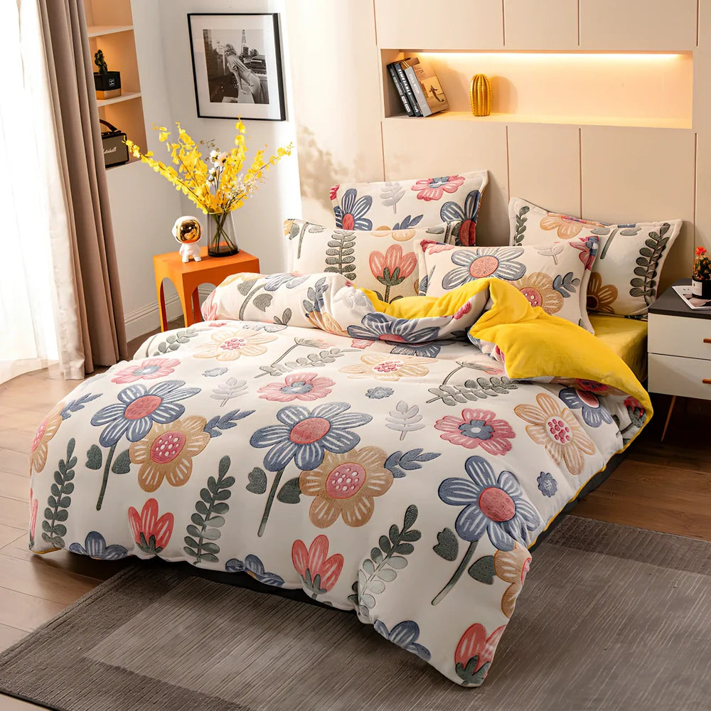 Four-piece velvet bedding set with quilt cover, bed sheet, and pillowcases for 1.8m bed in Bunny colour