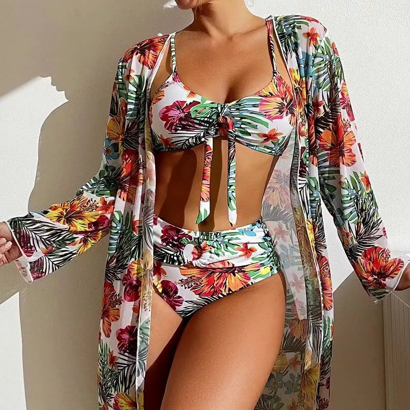 Women's plus size long blouse split bikini suit in quick-dry polyester