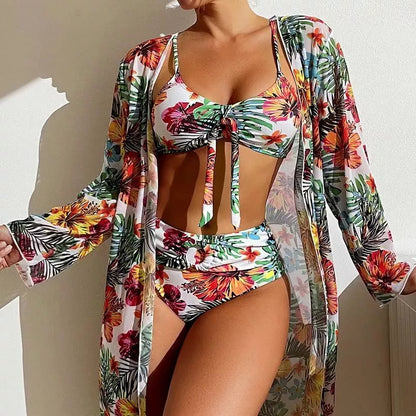 Women's plus size long blouse split bikini suit in quick-dry polyester