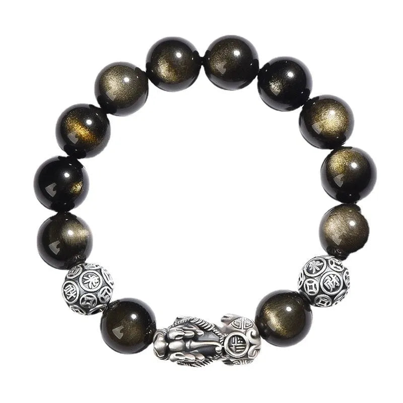 Men's geometric obsidian bracelet in polished sterling silver, shown in 12mm width size.