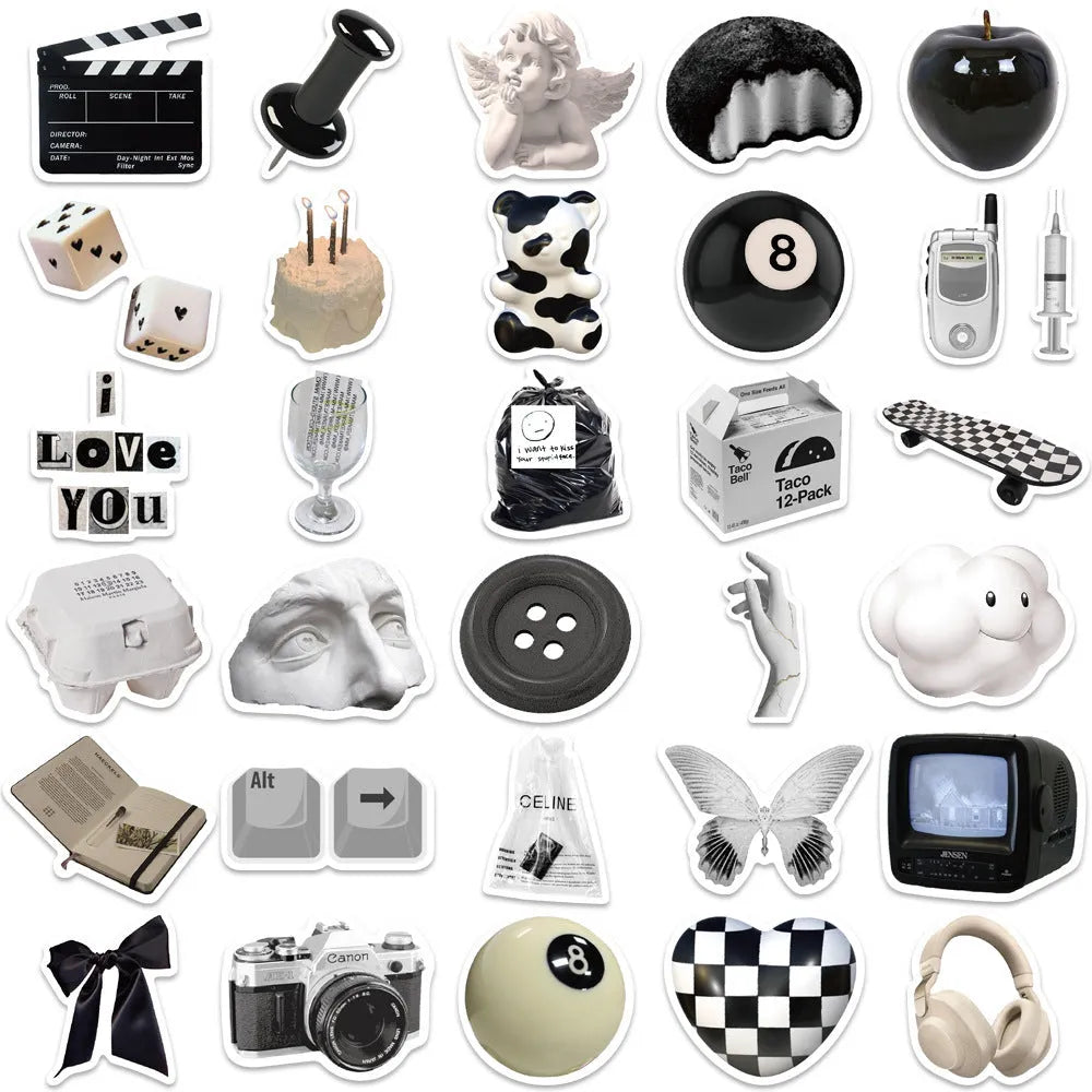 Black and white PVC sticker collection with 61 pieces for laptop and device customisation and protection