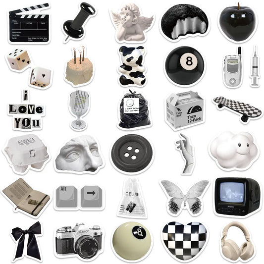 Black and white PVC sticker collection with 61 pieces for laptop and device customisation and protection