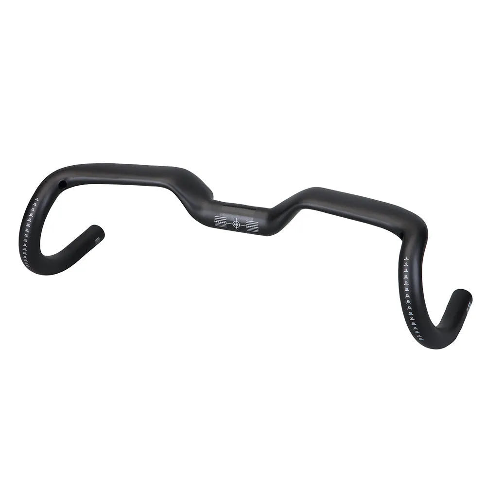 Black carbon fibre road bicycle handlebar showing large-angle outer sweep and 31.8mm clamp area.