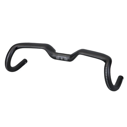 Black carbon fibre road bicycle handlebar showing large-angle outer sweep and 31.8mm clamp area.