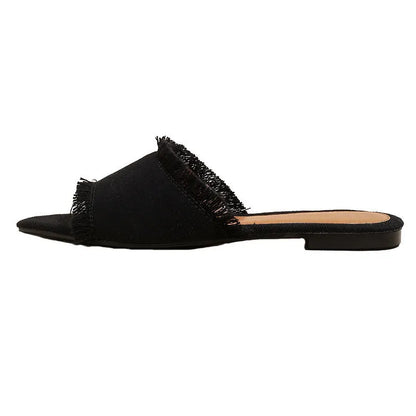 Women's denim casual slippers with tassel detail in various colours