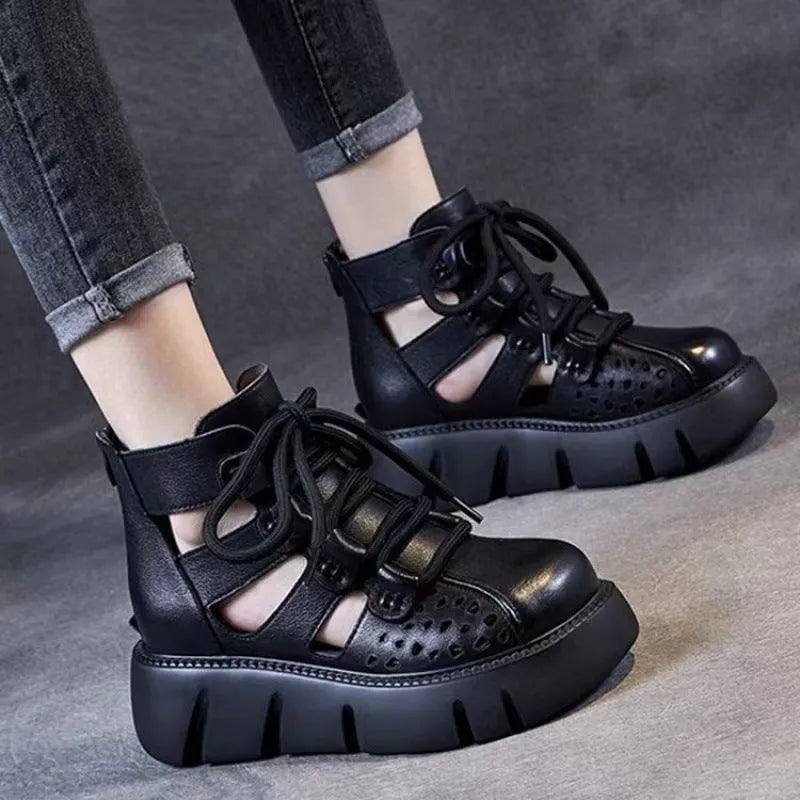 Women's platform sandals with hollow hole design in cowhide leather and fish mouth toe shape