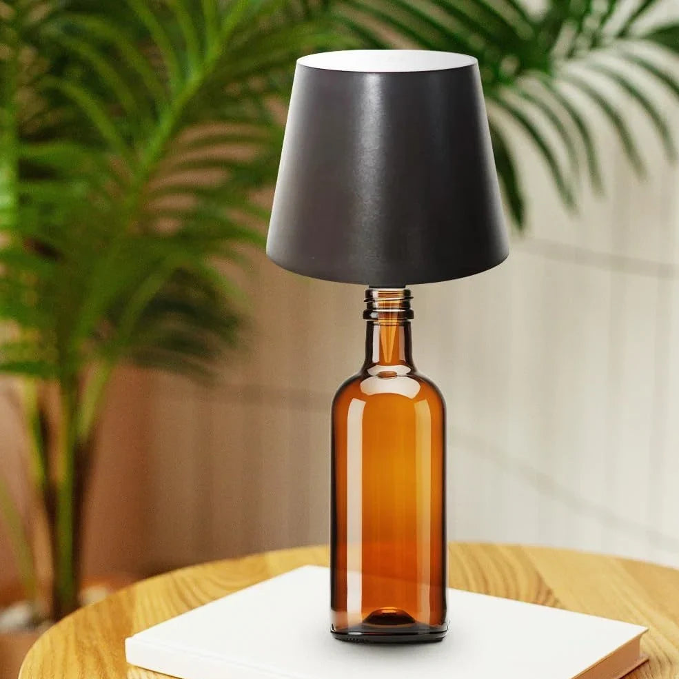White cylindrical LED wine bottle table lamp with touch dimming and USB charging port