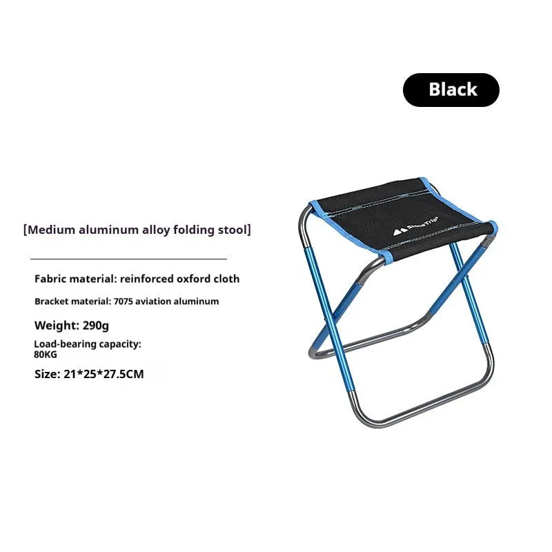 Black ethnic style folding stool with aluminium alloy frame in folded and unfolded positions