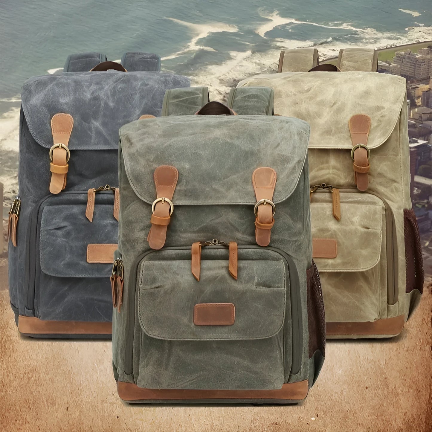 Canvas DSLR camera backpack in khaki colour with anti-theft anti-seismic features