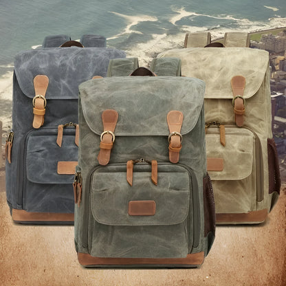 Canvas DSLR camera backpack in khaki colour with anti-theft anti-seismic features