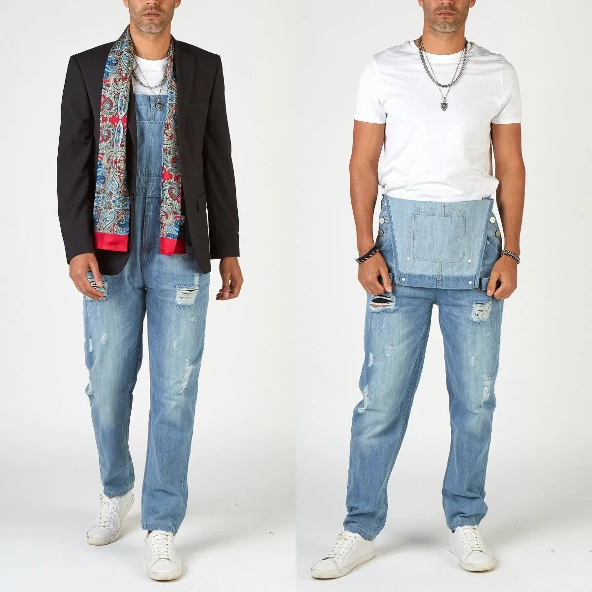 Light blue men's suspender jeans with ripped detailing and straight leg cut