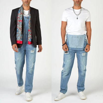 Light blue men's suspender jeans with ripped detailing and straight leg cut