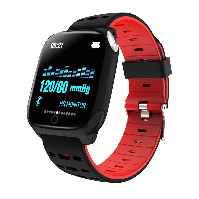 F16 smart watch with silicone band showing ECG and heart rate display on wrist.
