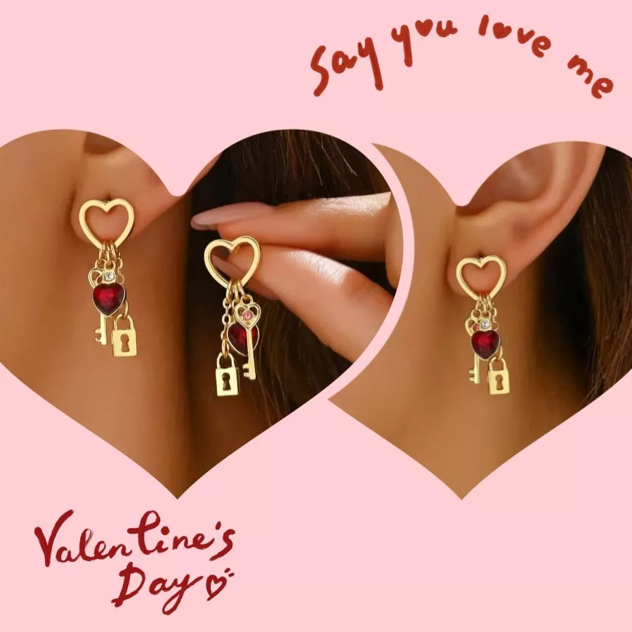 Valentine's Day Luxury Love Earrings with rhinestone lock design and diamond treatment