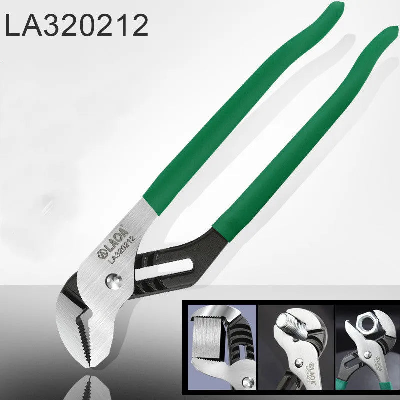 CR-V steel adjustable water pipe wrench set showing four sizes on a workbench.
