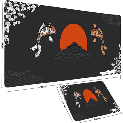 Large anime fish design mouse pad, rubber base, cloth surface, sizes 600x300x2mm to 1000x500x3mm, non-slip for desks