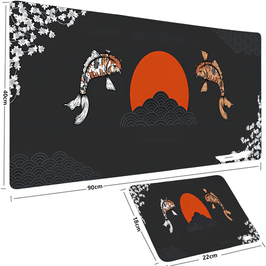 Large anime fish design mouse pad, rubber base, cloth surface, sizes 600x300x2mm to 1000x500x3mm, non-slip for desks