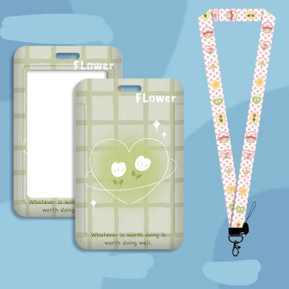 Student ID card set with plastic sleeve and neck strap in cartoon designs