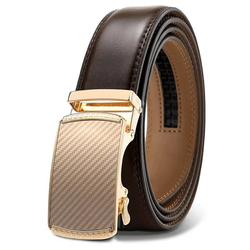Men's brown PU leather belt with an automatic alloy buckle on a textured background.